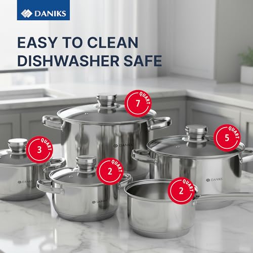 Daniks Standard 9-Piece Stainless Steel Cookware Set with Glass Lids, Includes Saucepan, Tri-Ply Bases for Even Heating, Induction Compatible, Dishwasher Safe, Built-In Measuring Scale, Silver