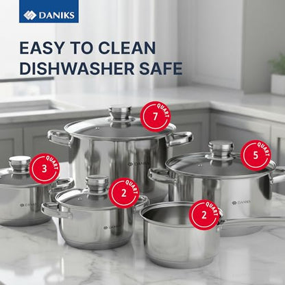 Daniks Standard 9-Piece Stainless Steel Cookware Set with Glass Lids, Includes Saucepan, Tri-Ply Bases for Even Heating, Induction Compatible, Dishwasher Safe, Built-In Measuring Scale, Silver