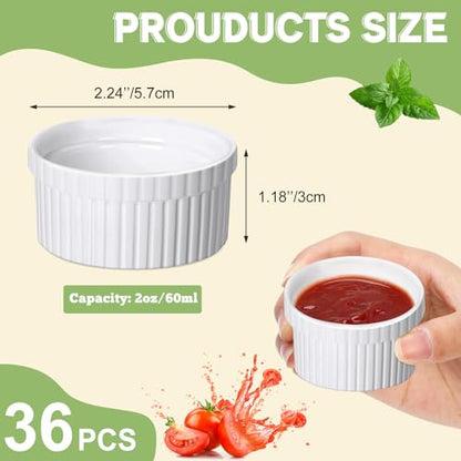 Ziliny 36 Pcs Mini Ramekins 2 oz Porcelain Souffle Oven Dishwasher Safe Small Ceramic Baking Dipping Sauce Ramekins for Charcuterie Board Creme Brulee Dishes Condiment Sauce Dipping Cups