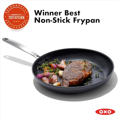 OXO Enhanced 12" Frying Pan Skillet, PFAS-Free Ceramic Nonstick, Durable Hard Anodized Cookware, Scratch Resistant, Stainless Steel Handle, Good Grips, Dishwasher & Oven safe, Black