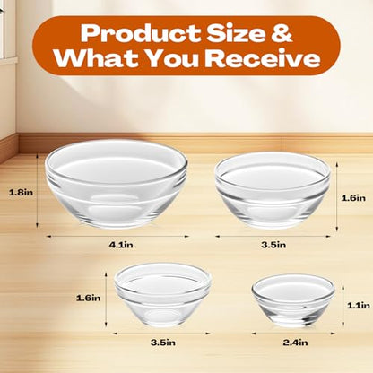 LemonRoad 20 Pcs Glass Prep Bowls Sets 4 Sizes 1.5/2.5/4.5/8.5 oz Cooking Clear Small Prep Pinch Bowls Mini Stackable for Toppings, Kitchen, Salt, Spices, Dipping, Baking & Meal