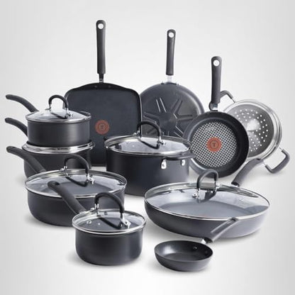 T-Fal Ultimate Hard Anodized Nonstick Pots and Pans Set 17 Piece, Nonstick Cookware Set with Fry Pan, Saucepans, Saute-Pan, Griddle, Dishwasher Safe, Onyx