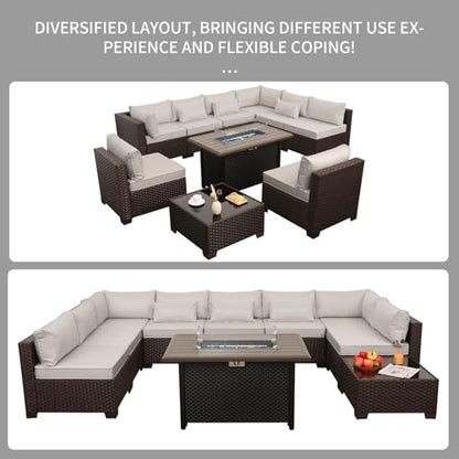 Rattaner 10 Pieces Outdoor Sectional All-Weather Wicker Patio Furniture Set Patio Sectional and Steel Fire Table and Glass Patio Table Non-Slip Cushions and Waterproof Covers, Beige