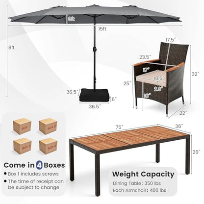 Tangkula 11 Piece Rattan Outdoor Dining Set with 15Ft Patio Umbrella for 8, Outdoor Wicker Table Set with 8 Cushioned Armchairs, Acacia Wood Top, Outdoor Umbrella with Base Included