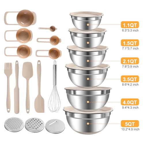 Mixing Bowls with Airtight Lids Set, 20 PCS Kitchen Gadgets Set, 6 Stainless Steel Bowls,3 Grater Attachments,Non-Slip Silicone Bottoms,Great for Serving&Baking,Size 5, 4, 3.5, 2.1, 1.5, 1.1QT (Khaki)