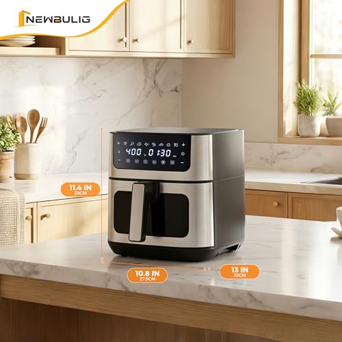 NEWBULIG Air Fryer 6.34QT Airfryer with Visible Window 400℉ Fast Heating Stainless Steel Air Fryers Oven with Nonstick and Dishwasher-Safe Basket 8-in-1 Cooking Preset with Timer Auto-Off