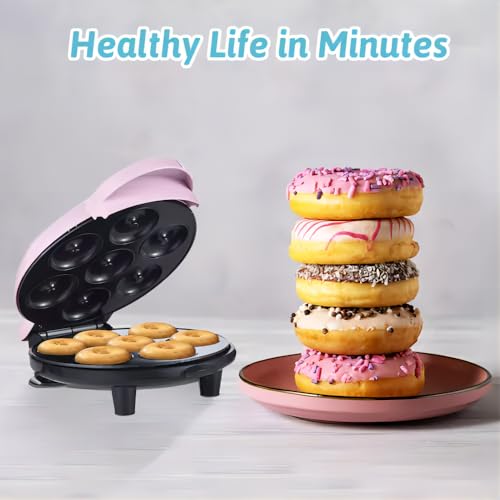 Donut Maker, Electric Non-Stick Surface Makes 7 Small Doughnuts Mini Donut Maker Machine, Mini Doughnut Maker Pancake Maker for Breakfast, Snacks, Desserts & More, Pink