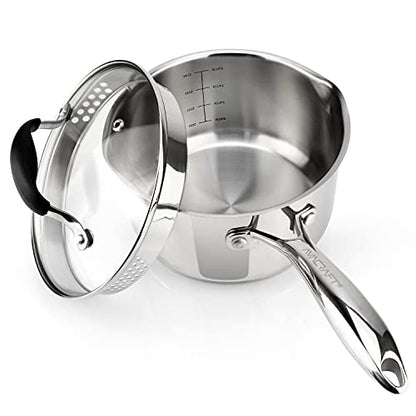 AVACRAFT Stainless Steel Saucepan with Glass Strainer Lid, Two Side Spouts for Easy Pour with Ergonomic Handle, Multipurpose Sauce Pot (5-Ply Capsule Bottom, 2.5 Quart)
