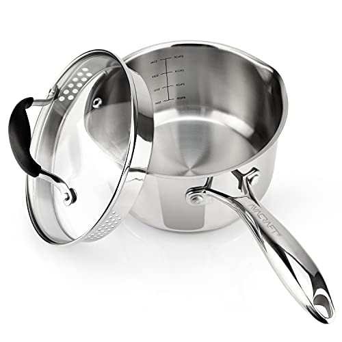 AVACRAFT Stainless Steel Saucepan with Glass Strainer Lid, Two Side Spouts for Easy Pour with Ergonomic Handle, Multipurpose Sauce Pot (5-Ply Capsule Bottom, 2.5 Quart)