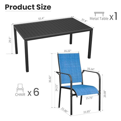BUPPLEE 7-Piece Patio Dining Set with Expandable Rectangular Table (38"-84"), 6 Textilene Chairs, Outdoor Furniture for Garden, Deck, Backyard, Blue