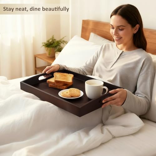 Bamboo Serving Tray with Handles, Set of 2 Wood Serving Trays for Food & Coffee, Elegant Wooden Tray for Breakfast in Bed, Kitchen & Party & Entertaining - Black Walnut Finish
