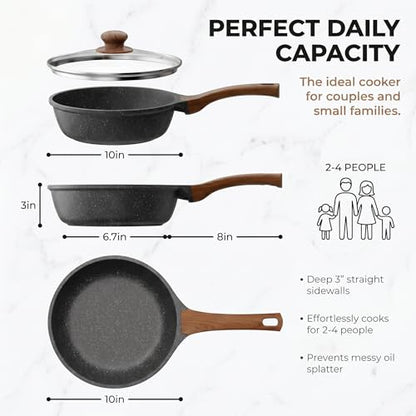 YASHE 10 Inch Nonstick Saute Pan with Glass Lid, 3.5 QT Deep Skillet & Frying Pan, Healthy Granite Stone Cookware for Family, One Pan Replaces Five, Induction Compatible, PFOA Free