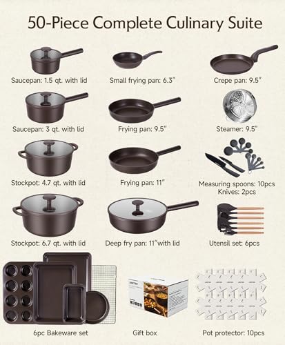 JEETEE 50-Piece Titanium Pots and Pans Set NonStick, Mocha Brown Cookware Set with 6pc Bakeware, Professional Pot and Pan Set for New Home Cooking, Induction & Oven Safe, PFAS Free