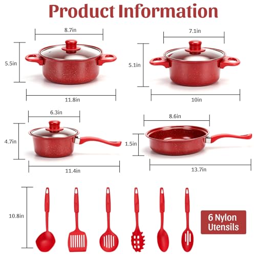 Non-Stick Cookware Set, 13 Piece Set Portable Lightweight Cast Iron Pots and Pans with Glass Lids and Nylon Utensils for Outdoor Camping Picnic Travel Cookware Red
