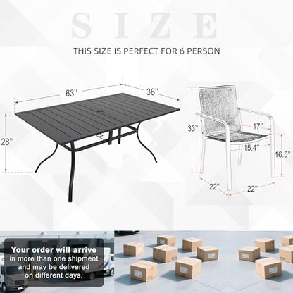 Anmutig 7-Piece Outdoor Patio Dining Set, 6 Stackable Patio Chairs & Rectangular Dining Table with All Weather Frame Furniture Set - 63" x 38" Gray