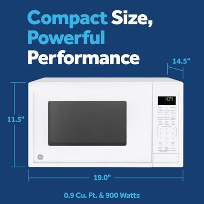 GE Countertop Microwave Oven, Compact 0.9 Cubic Ft., 900-watt Capacity, 7 Auto Cooking Settings, Child-Lock Technology, Kitchen Essentials for The Countertop, Dorm Room or Apartment, White