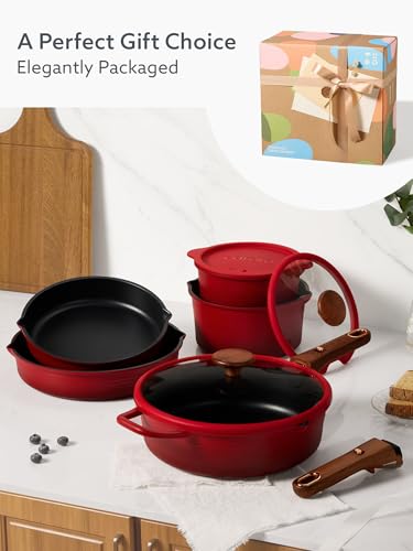 CAROTE 20Pcs Titanium Cookware Set, Pots and Pans Set Non Stick, Kitchen Cooking Set with Detachable Handle, Non Toxic Induction Cookware - Camping Cookware, Dishwasher/Oven Safe, Red
