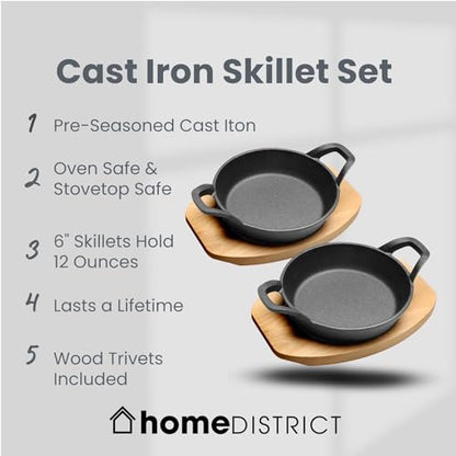 HOME DISTRICT Mini Cast Iron Skillet Set of 4 Mini Ramekins, Oven Safe, 6 Inch, 12 Oz Cast Iron Skillet Set with Wood Trivets