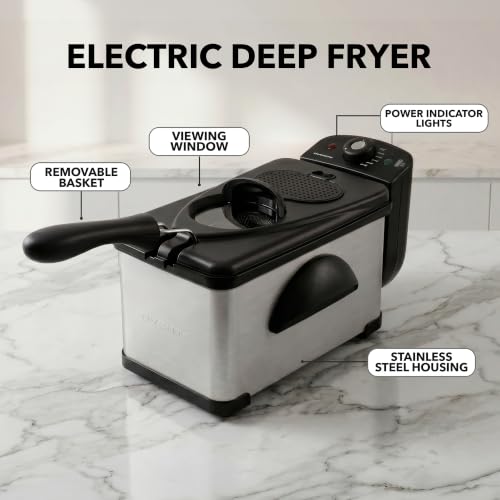 OVENTE Electric Deep Fryer 2 Liter Capacity, 1500 Watt Lid with Viewing Window and Odor Filter, Adjustable Temperature, Removable Frying Basket and Easy to Clean Stainless Steel Body, Silver FDM2201BR