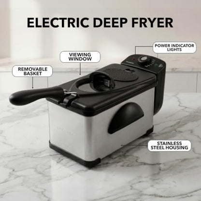 OVENTE Electric Deep Fryer 2 Liter Capacity, 1500 Watt Lid with Viewing Window and Odor Filter, Adjustable Temperature, Removable Frying Basket and Easy to Clean Stainless Steel Body, Silver FDM2201BR