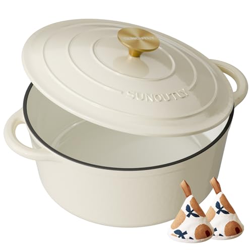 Enameled Cast Iron Dutch Oven - 7.5QT Pot with Lid & Cotton Potholders - Heavy-Duty Cookware for Braising, Stews, Roasting, Bread Baking, Oven Safe up to 500° F & Across All Cooktops, Cream White