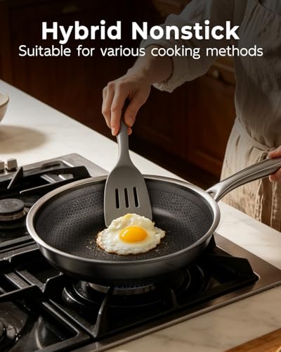 FogDream 8 Inch Nonstick Frying Pan with Lid, Honeycomb Hybrid Stainless Steel Skillet, Tri-Ply Induction Compatible, Non Toxic Frying Pan, Oven Safe, Dishwasher Safe, Silver
