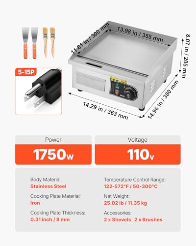 VEVOR 14" Commercial Electric Griddle,110V 1500W Electric Countertop Griddle Non-Stick Restaurant Teppanyaki flat top Grill Stainless Steel 122°F-572°F Adjustable Temperature Control(No Plug)