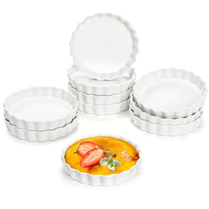 Foraineam 10 Pack 8 oz Creme Brulee Ramekins, 6 Inch Round Fluted Quiche Dishes, Porcelain Pie Pan Shallow Baking Dish Oven Safe for Baking Souffle, Apple Pie, Quiche, Tart