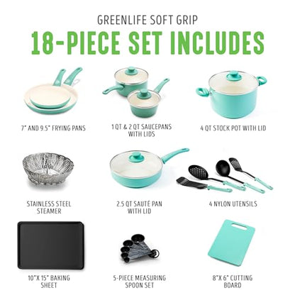 GreenLife Soft Grip Healthy Ceramic Nonstick 18 Piece Kitchen Cookware Pots and Frying Sauce Saute Pans Set, PFAS-Free with Kitchen Utensils and Lid, Dishwasher Safe, Turquoise