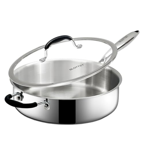SLOTTET Tri-Ply Stainless Steel Saute Pan with Lid, 5 Quart Deep Sauté Pan with Stay Cool Handle,11.5 Inch Frying Pan,Dishwasher and Oven Safe,Induction Stainless Steel Cookware