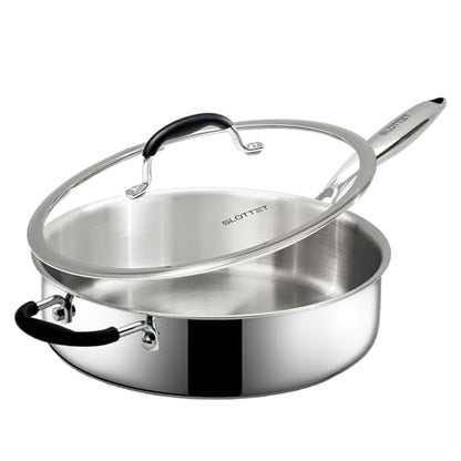 SLOTTET Tri-Ply Stainless Steel Saute Pan with Lid, 5 Quart Deep Sauté Pan with Stay Cool Handle,11.5 Inch Frying Pan,Dishwasher and Oven Safe,Induction Stainless Steel Cookware
