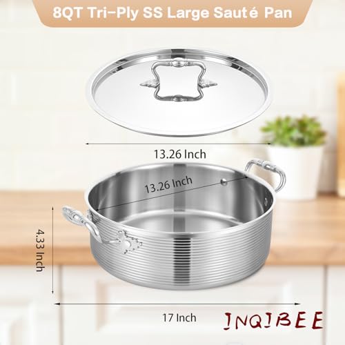 Inqibee Tri-Ply Stainless Steel 8 Quart Rondeau Pot with Lid Braiser Pan, 13 inch Deep Frying Pan, Versatile Cookware, Large Saute Pan, Compatible With All Cooktops, Induction Compatible, Oven-Safe