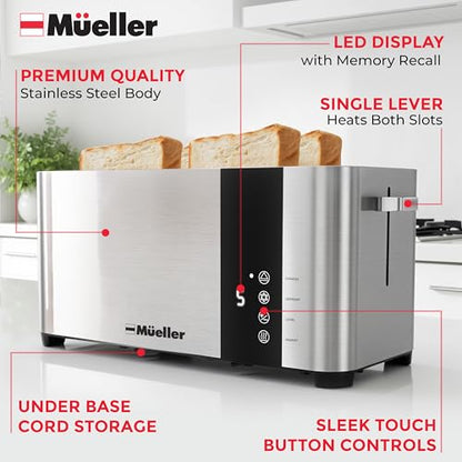 Mueller UltraToast Stainless Steel Toaster 4 Slice – Extra-Wide 1.6" Slots for Artisan Bread, Bagels & Frozen Waffles, 6 Browning Levels, LED Display, Cancel/Defrost/Reheat, Removable Crumb Tray