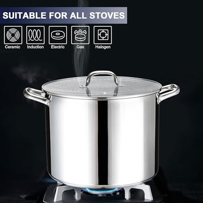 20 QT Stainless Steel Large Stock Pot, LIANYU Heavy Stockpot with Glass Lid, Deep Soup Canning Pot for Stewing Simmering, Tri-ply Base for Induction, Halogen Cooktops, Dishwasher Safe