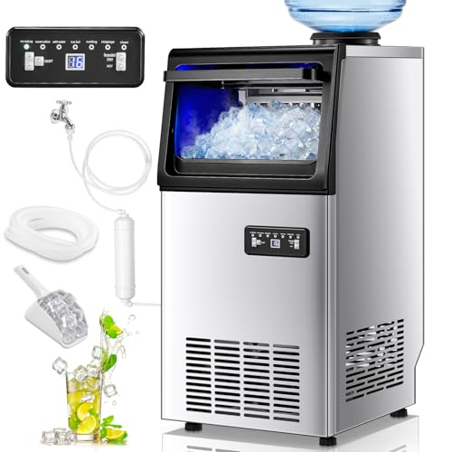 Commercial Ice Maker Machine, 100LBS/24H Freestanding & Undercounter Ice Machine with 2 Water Inlets, 40 PCS/Cycle and 20LBS Storage Bin, Stainless Steel, LED Display & Self-Cleaning for Home Bar