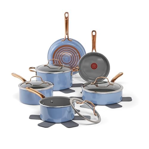 T-Fal Preserve Ceramic, Non stick Cookware Set 13-Piece, Oven & Broiler Safe up to 350°F, Includes Stockpot, Saucepans, Frying Pans, Protectors, Pots and Pans, Blue