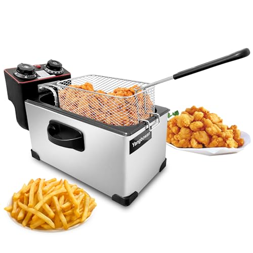 Yangbowan 3L Deep Fryer with Basket for Home, 1300W Electric Small Deep Fryer with Temperature Control, Timer Control, View Window Lid, Stainless Steel Body for Restaurant Use