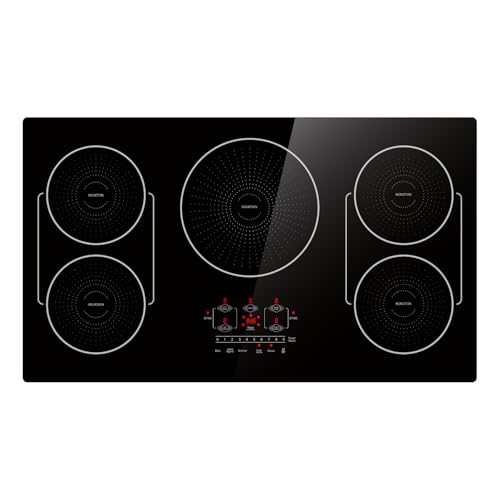 BIGoods 36 Inch Induction Cooktop 5 Burners, Flat Glass Top Electric Stove Hob with Bridge-SYNC, 3 Preset Modes Booster, Timer, Pause, Child Lock, Drop in, 208~240V/50A, Black