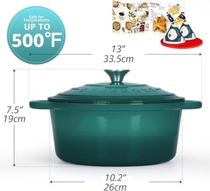 Overmont Enameled Cast Iron Dutch Oven - 5.5QT Pot with Lid Cookbook & Cotton Potholders - Heavy-Duty Cookware for Braising, Stews, Roasting, Sourdough Baking bottle green