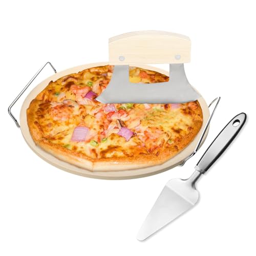 Delux Pizza Stone Set with Pizza Cutter Pizza Server, 13inch Ceramic Baking Stone for Oven and Grill with Metal Handle Rack,Quick Baked n Serving Pizza in Home n Outdoor