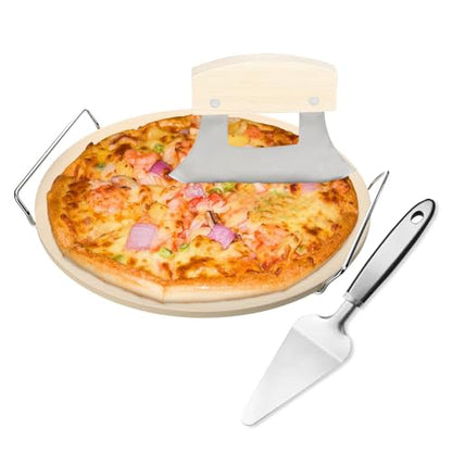 Delux Pizza Stone Set with Pizza Cutter Pizza Server, 13inch Ceramic Baking Stone for Oven and Grill with Metal Handle Rack,Quick Baked n Serving Pizza in Home n Outdoor