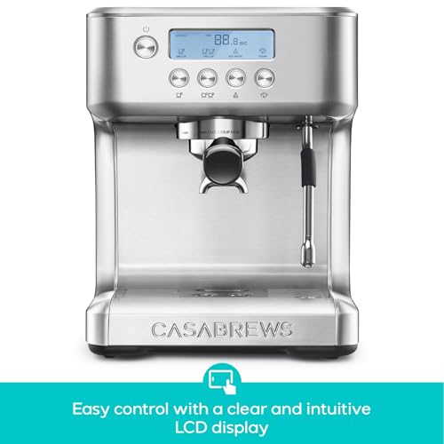 CASABREWS Ultra Espresso Machine with LCD Display, 20 Bar Espresso Maker with Powerful Milk Frother, Customizable Brewing Temperature, Barista-Level Latte and Cappuccino Machine for Home, Silver