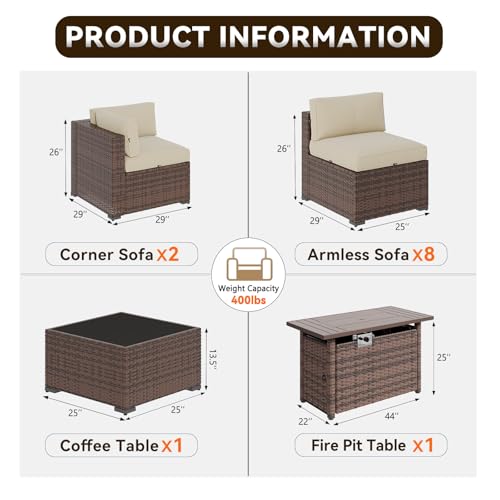 Aoxun Patio Furniture Sets, 12-Piece Outdoor Patio Furniture with 44'' Propane Gas Firepit Table, Wicker Outdoor Conversation Set Sectional Sofa for Backyard, Poolside, Garden