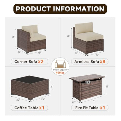 Aoxun Patio Furniture Sets, 12-Piece Outdoor Patio Furniture with 44'' Propane Gas Firepit Table, Wicker Outdoor Conversation Set Sectional Sofa for Backyard, Poolside, Garden