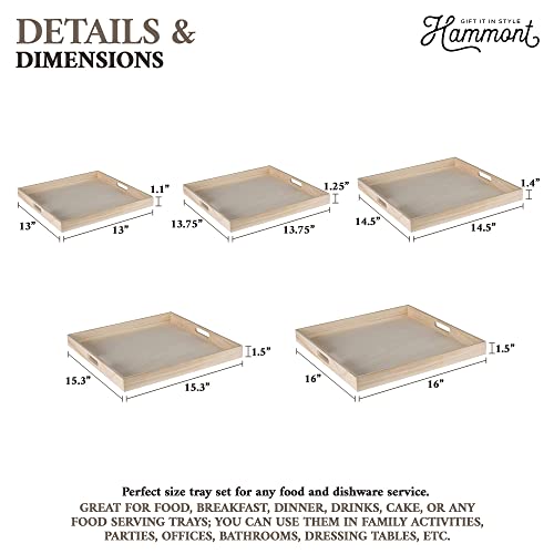 Hammont Wooden Square Trays - Five Piece Nested Serving & Organizing Trays - Rustic Brown Solid Wood - Set of 5 (16x16x1.5", 15.3x15.3x1.5", 14.5x14.5x1.4", 13.75x13.75x1.25", 13x13x1.1")
