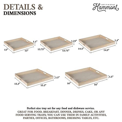 Hammont Wooden Square Trays - Five Piece Nested Serving & Organizing Trays - Rustic Brown Solid Wood - Set of 5 (16x16x1.5", 15.3x15.3x1.5", 14.5x14.5x1.4", 13.75x13.75x1.25", 13x13x1.1")