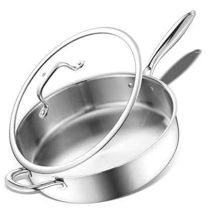 E-far 12 Inch Deep Frying Pan with Lid, 6 Quart Tri-Ply Stainless Steel Saute Pan, Kitchen Skillet, Healthy Non-toxic Cooking Pan for Induction Ceramic Gas Stoves, Heavy Duty, Oven & Dishwasher Safe