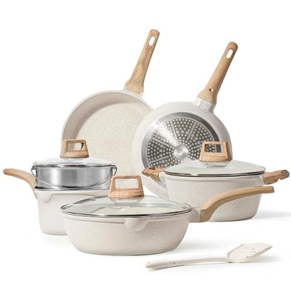 CAROTE Pots and Pans Set Nonstick, White Granite Induction Kitchen Cookware Set, 10 Pcs Non Stick Cooking Set w/Frying Pans & Saucepans(PFOS, PFOA Free)