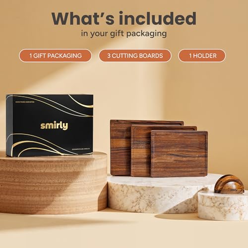 SMIRLY Walnut Cutting Board for Kitchen - Wood Cutting Boards with Handle and Juice Groove for Meal Prep, Serving, Charcuterie - Kitchen Gadgets - Non Toxic Wooden Chopping Board Set of 3 with Holder