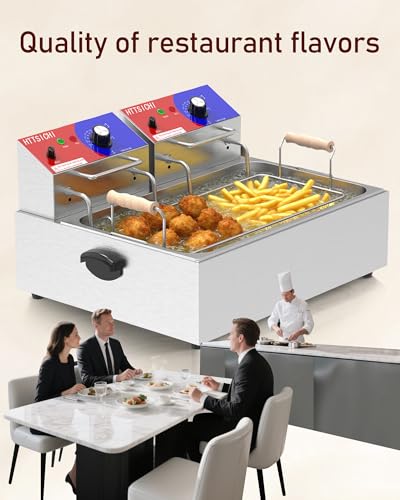 HTTSICHI Commercial Deep Fryer - 22 L Electric Deep Fryer with 10 L Basket(3Pcs), 3400W High Power Commercial Deep Fryer with Basket, Stainless Steel Commercial Fryer w/Adjustable Temperature and Lid